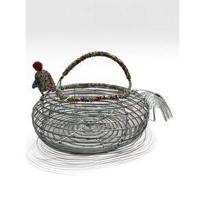 Wire Basket With Beaded Hen Design & Handle